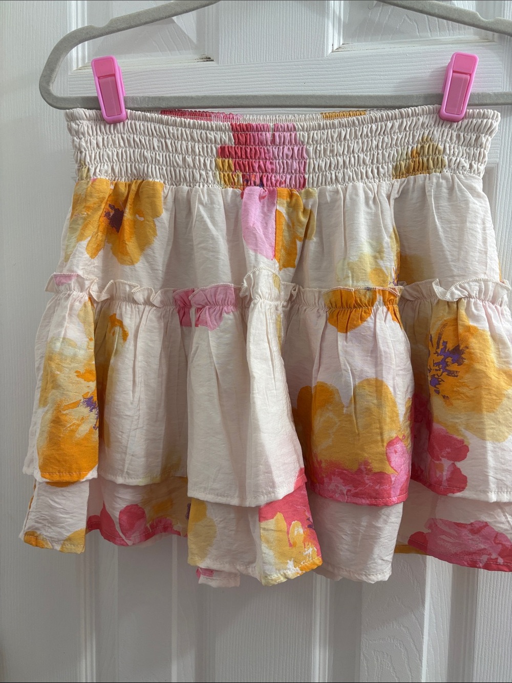 Women’s Cream Floral Tiered Mini Skirt - Pink & Yellow